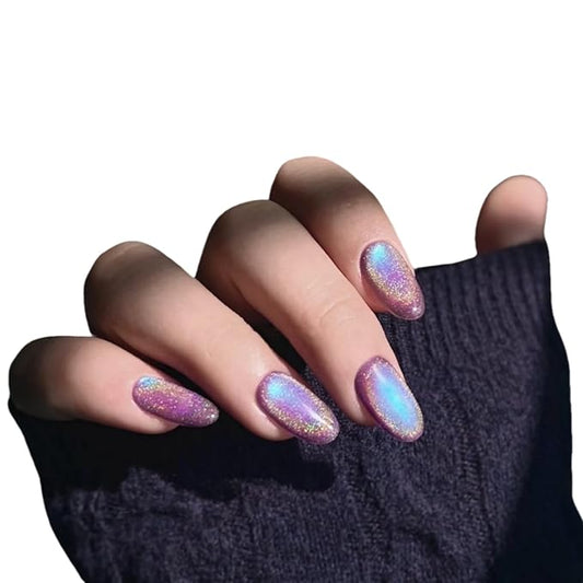 Cat Eye Press on Nails Handmade Short Oval/Square/Round False Nails with French Tip/Aurora/Magnetic Shimmer Designs (Rainbow Purple M)