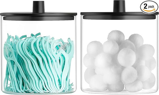 TIPGO Glass Qtip Holder Dispenser - 24 oz Clear Canister Jar, Bathroom Vanity Storage Organizer for Cotton Swabs, Pads, Floss Picks, Small Containers for Makeup Storage (Black)