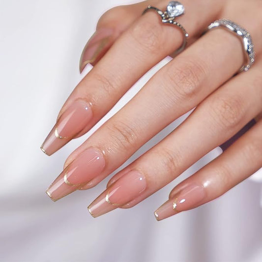 BTArtbox Press on Nails Long - Rose Gold Outline Designed French Tip Press on Nails, Coffin Glue On Nails, Reusable Soft Gel Stick On Nails with Nail Glue in 15 Sizes, Gilded French
