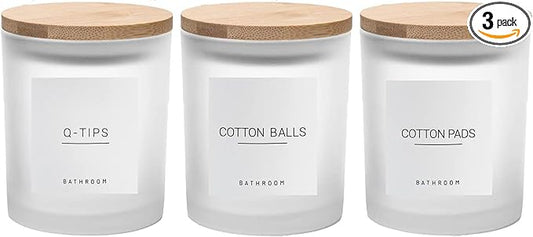 Ezebesta 3PCS Modern 13.53oz Transparent Bathroom Canisters with 12 Labels & Wooden Lid Thick Glass Jar Set Qtip Holder for Cotton Ball & Pads Storage Organization Minimalist Decor