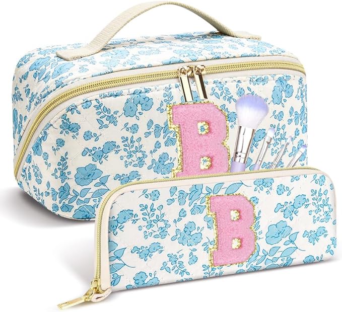 Personalized Travel Makeup Bag Set,Initial Travel Cute Floral Makeup Organizer Bag,Toiletry Skincare Cosmetic Bag, Valentine’s Day Gifts for Women/Girls,Open Flat Toiletry Pouch with Brush Pocket-S