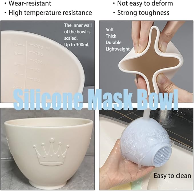 Silicone Face Mask Mixing Bowl Set, DIY Facemask Mixing Tool Kit with Silicone Mask Bowl, Facial Mask Brush, Bowl Stick Spatula, Face Mask Applicator, Measuring Cup (5 PCS＆White)