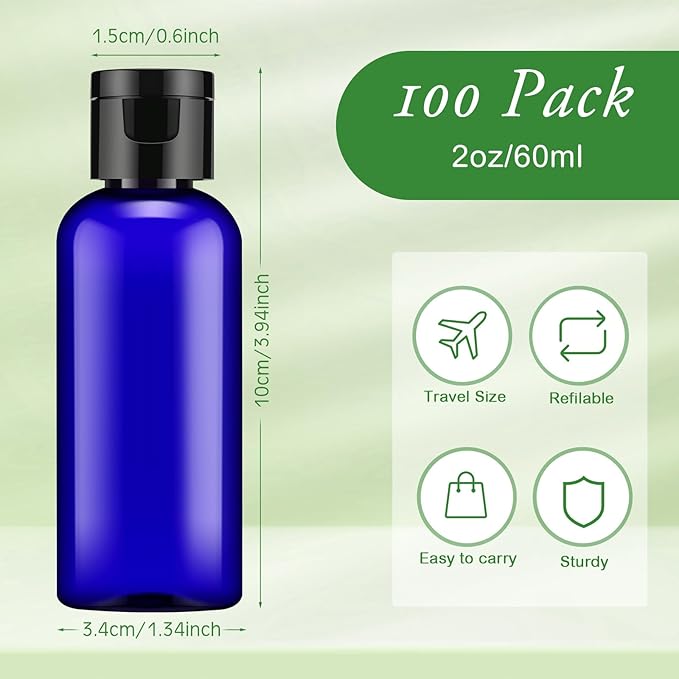 Eccliy 100 Pack 2 oz Plastic Bottles Travel Lotion Bottle Squeeze Container Plastic Bottles with Caps Small Travel Empty Refillable Toiletry Containers for Liquid Lotion Creams with 5 Funnels(Blue)