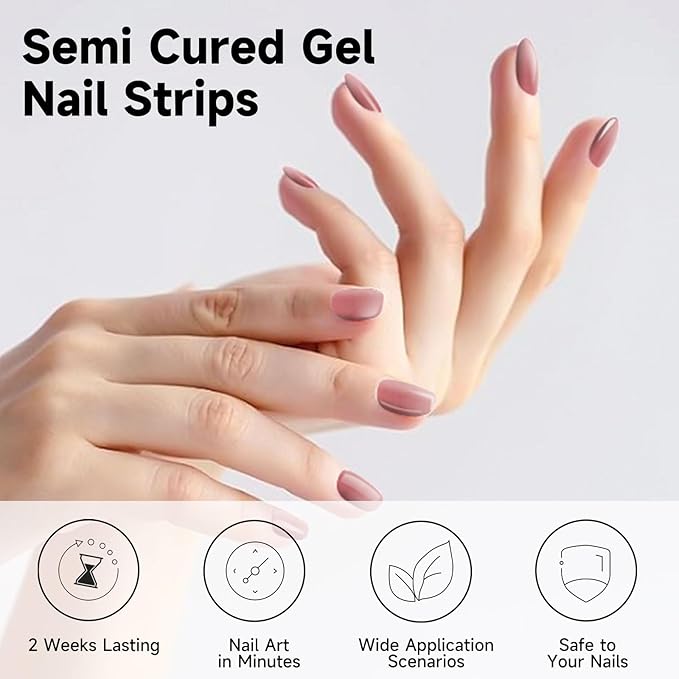 DUKASOU Semi Cured Gel Nail Strips, 56Pcs Nail Art Stickers/Wraps, Long Lasting UV Nail Polish Strips for Adults(Gold Peach Red+Gradient Pink)