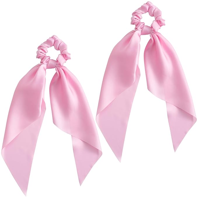 YALOJE 2PCS Scarf Scrunchies with Long Tails, Elastic Silky Satin Bow Hair Ties for Women, Ribbon Hair Scarf Scrunchy, Ponytail Holders Hairstyling Decoration for Women -Pink