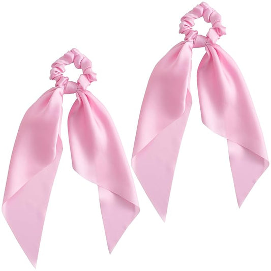 YALOJE 2PCS Scarf Scrunchies with Long Tails, Elastic Silky Satin Bow Hair Ties for Women, Ribbon Hair Scarf Scrunchy, Ponytail Holders Hairstyling Decoration for Women -Pink