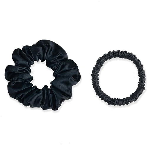 SILKLAB 22 Momme 100% Mulberry Silk Scrunchies (2 Pack, Black), Well-Hold Elastic for No-Damage, 6A, Soft Hair Ties, Reduces Frizz & Breakage, OEKO-TEX Certified