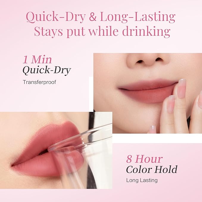 CARSLAN Stay Locked Lip Tint, Quick-Dry Long Lasting Transfer Proof Matte Lip Stain, Moisturizing Glow-Boosting Lightweight Lipstick (01)