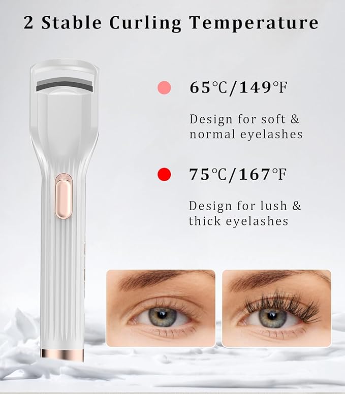 Heated Eyelash Curler Premium PRO - Fast Heat up in 8s - 24 Hours Long Lasting - Rechargeable Electric Eyelash Curler with Type-C, Innovative L Silicone, 2 Heat Modes, Anti-Burn Eyelid, White-DC
