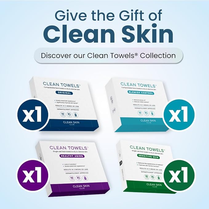 Clean Skin Club Clean Towels® XL Holiday Variety 4-Pack Gift Box – Disposable Face Towels Gift Set, Includes Original, Sensitive, Blemish Control & Healthy Aging, 40 Count Total, 10 Each