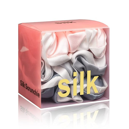 Silmer Silk Scrunchies for Hair Curly Hair 100% Mulberry 3 Pack(Pink,Silvery Grey, Haze Blue)