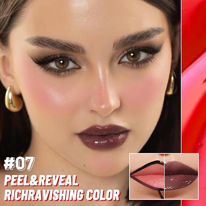JUAAZIN Maroon Lip Stain Peel Off Lip liner and Lip oil with Tweezer, Dual-Ended Peel Off Lip Stain Tattoo, Highly Pigmented Long Lasting Waterproof, Transfer-proof for All Skin Types, 07#