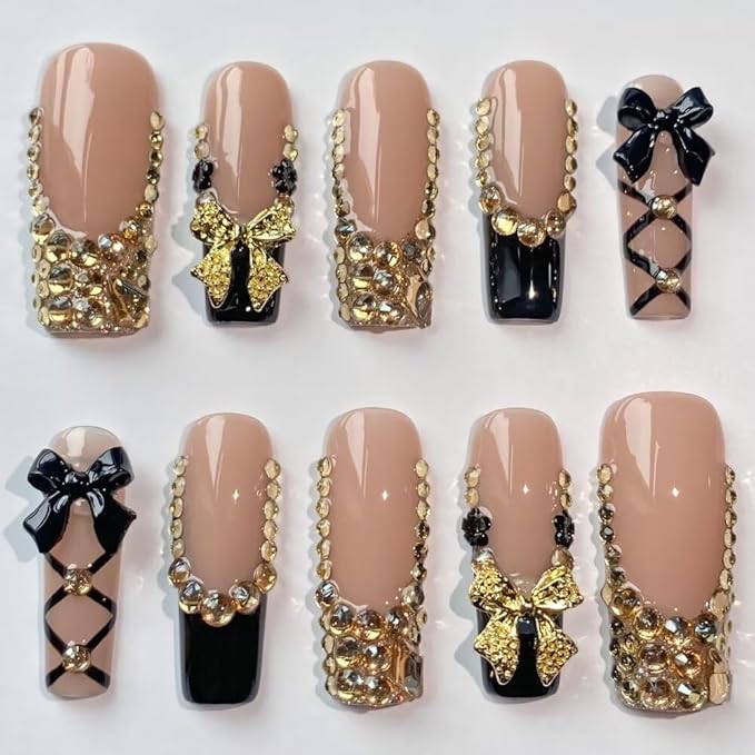 MAGLFELL Press On Nails - Handmade French Square Fake Nails, Luxury Cute Golden Bow and Diamond Design, Reusable Artificial Square False Nails for Women 10 Pcs 3D Acrylic Nails Kit (Size S)