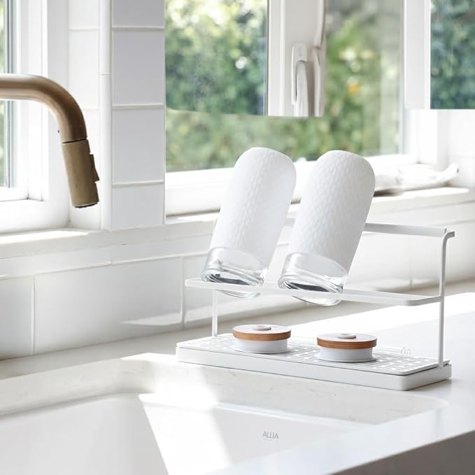Selegna Diatomaceous Earth Bottle Drying Rack, Baby Bottle Drying Rack, Over Sink Instant Dry Small Dish Drying Rack & Bottle Dryer, Space Saving Narrow Two Tier Tower Water Bottle Drying Rack (White)