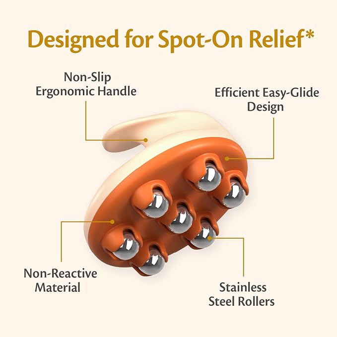 M3 Naturals Lymphatic Drainage Massager with Cooling Steel Rollers for Body Sculpting, Cellulite & Sore Muscles, Grip-Friendly with Ergonomic Design for Arms, Thighs, Glutes and Stomach Orange