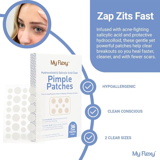 Pimple Patches - Hydrocolloid Acne Patches with Salicylic Acid , Pimple Patches for Face, Invisible Zit Patches. Hydrocolloid Patch; Blemish Protection. Clear Pimple Stickers, - 36 Count, 2 sizes