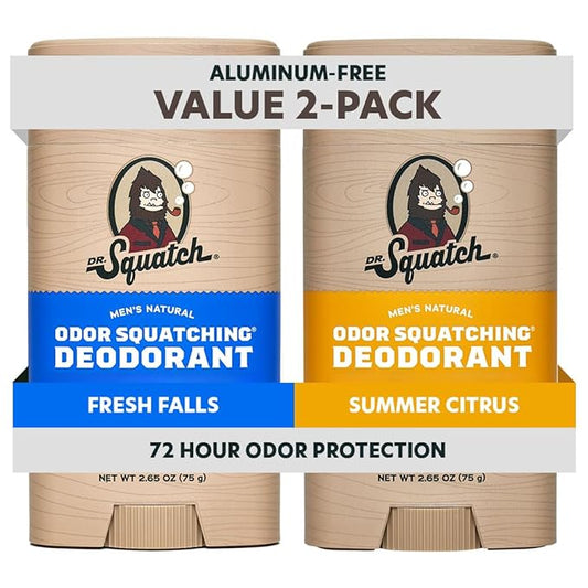 Dr. Squatch Natural Men’s Deodorant – Aluminum Free Natural Deodorant Men with Charcoal & Postbiotics for 72-Hour Odor Protection – Fresh Falls + Summer Citrus, 2.65oz Stick (2-Pack)