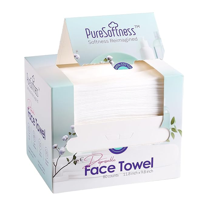 PureSoftness Luxuriously Soft Disposable Face Towel, 100% Cotton, Extra Large 12" x 10" Ultra Soft Dry Wipe for Face Wash, Makeup Remover, Bio-Based Towelette for Sensitive Skin 80 Count (1 Pack)