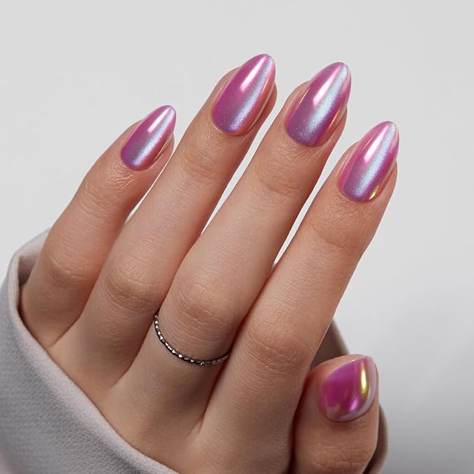 VSALON Press on Nails Short Almond - Pink Cat Eye Chrome Nails Kit for Women, Halloween Reusable Aurora Effect Opaque Gel Fake Nails with Glue & Cuticle Oil - 32 PCS Stick On Nails in 16 Sizes
