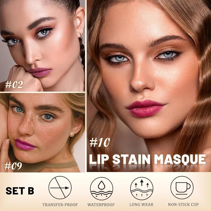 JUAAZIN 3Pcs Peel Off Lip Stain Tattoo with Tweezer - Matte Peel Off Lip Tint, Long Lasting Waterproof Transfer-Proof Lip Stain,Cruelty-Free Lip Masque for All Skin Types,Valentine's Day Gift 02+09+10