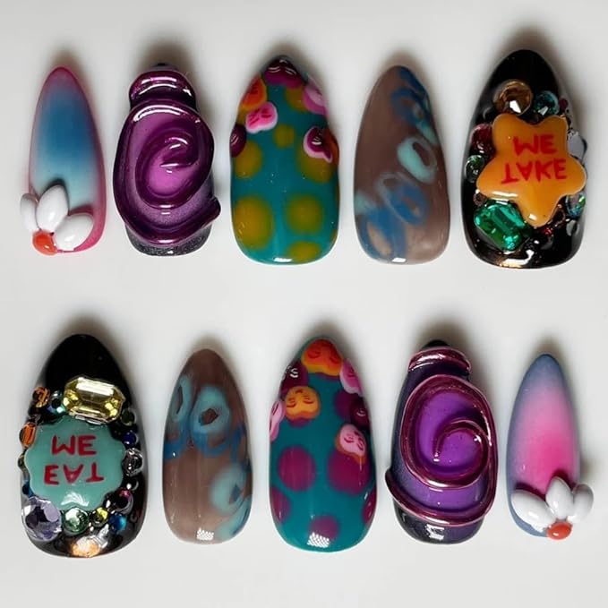 Medium Press On Nails - Handmade Unique Medium Almond Fake Nails, Thick Acrylic and Muti-Layer Gel False Nails, Reusable Gel Cured Sturdier 3D Fake Nails Set, DIY Art Decorate-M size