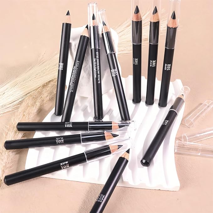 Eyebrow Pencils for Women, 12Pcs Hard-Core Wooden Eye Brow Eye Liner Pencils for Beginner Makeup, Black Coffee Brown Colors, Waterproof & Sweat-Proof (Black-12 Pcs-E01)