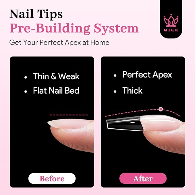Qiek Long Coffin Pre-Building Nail Tips, 15 Sizes 240 PCS Pre-shaped Apex Clear Soft Press On Fake Nail Half Matte Gel Nail Extensions Strong Thick Acrylic Tip for DIY Beginners & Salon Manicure