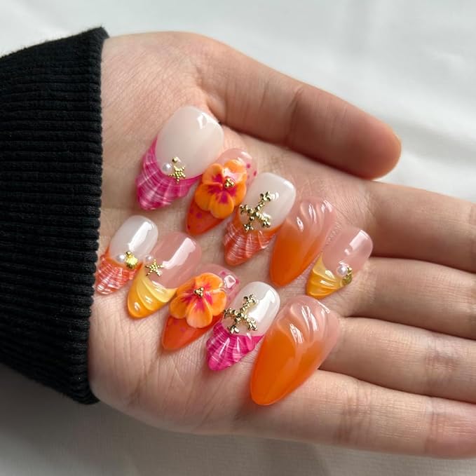 MAGLFELL Press On Nails Medium Almond Nails, Handmade 3D Design Fake Nails with Thick Acrylic Multi-Layer Gel Nails, Reusable Durable DIY Artificial Nails for Women (10 Pieces)