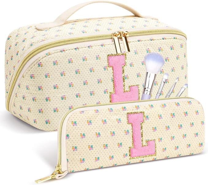 Personalized Travel Makeup Bag Set, Initial Travel Cute Floral Makeup Organizer Bag, Beige Toiletry Skincare Cosmetic Bag, Valentine’s Day Gifts for Women/Girls, Open Flat Toiletry Pouch Brush Bag