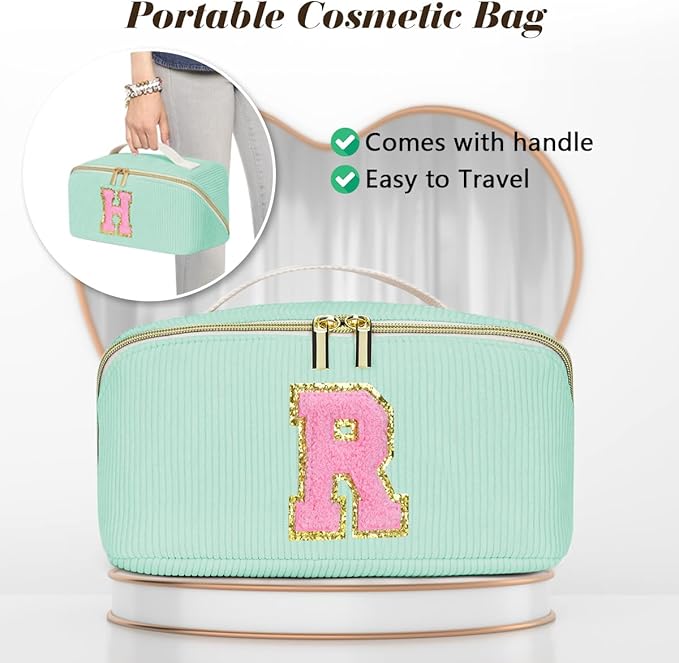 Personalized Initial Makeup Bag, Valentine's Day Gifts for Girls,Preppy Bag Cosmetic Travel Bag Women,Travel Toiletry Organizer,Large Capacity Corduroy Stuff Bag,Cute Cosmetic Pouch Skincare Bag