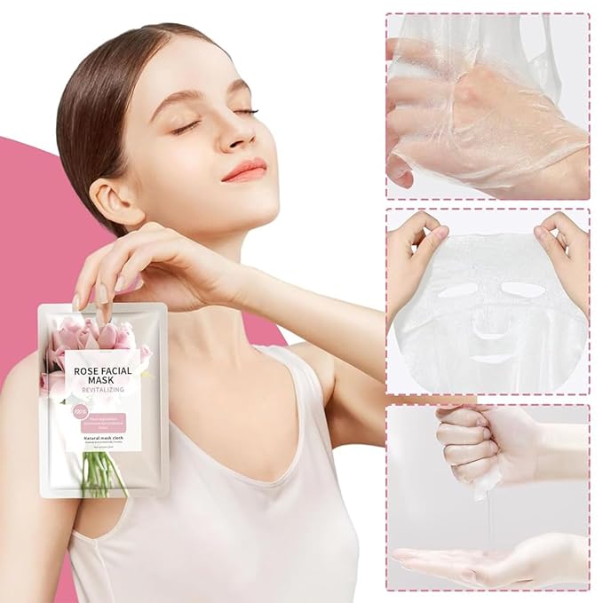 Face Masks Skincare for All Skin Types, Pink Rose Hydrating Face Sheet Masks Suitable for Sensitive Skin, Moisturizing Facial Mask for Women Skin Care, Face Mask Gifts for Face Spa 10 Sheets