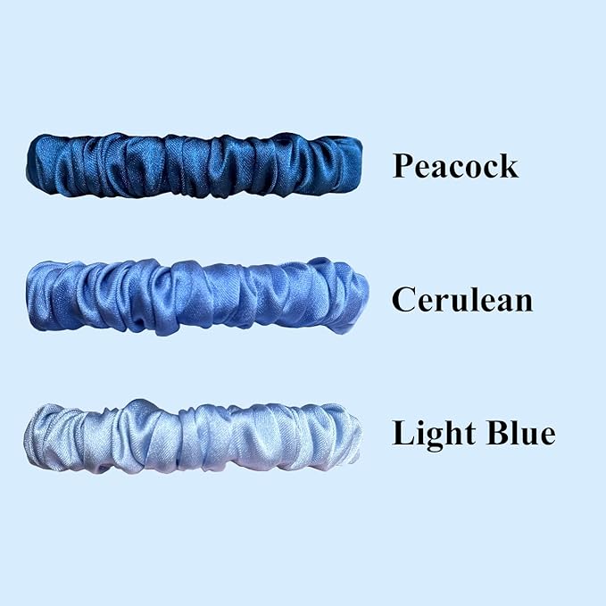 VLOMOT 3 Pcs Set 100% Pure Mulberry Silk Hair Scrunchies Hair Ties with 3 Chic Colors Everyday Skinny Scrunchies Silk Ponytail Holders Hair Care No Damage (Blue)