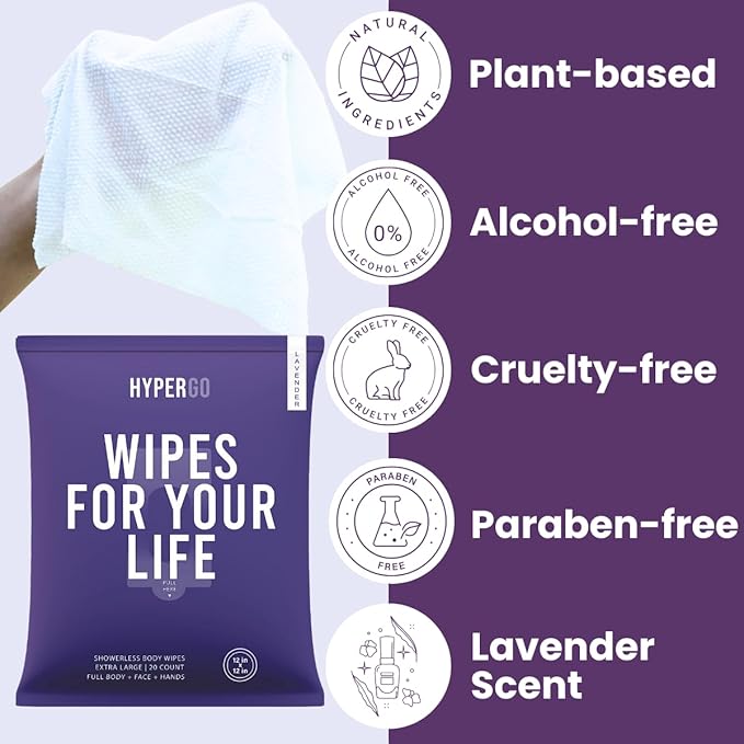 HyperGo XL Body Wipes for Women & Men – 12" x12" Rinse-Free Full Body Cleansing Wipes 2-20 Count Packs - Lavender | Biodegradable, Hypoallergenic, Aloe-Infused | Gym, Festival, Camping Essentials