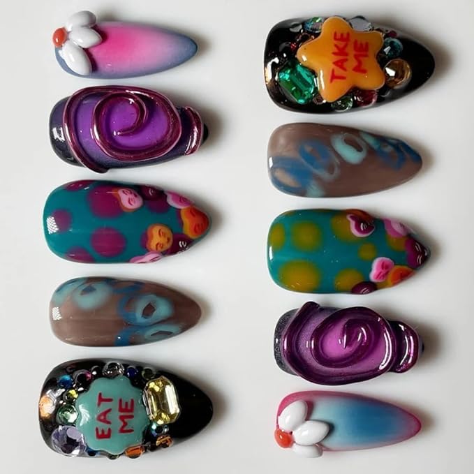 Press On Nails - Short Coffin Handmade Unique Fake Nails, Artistic Design, Thick Acrylic and Muti-Layer Gel False Nails, Reusable Gel Cured Sturdier 3D Fake Nails,DIY Art Decorate (Size S)