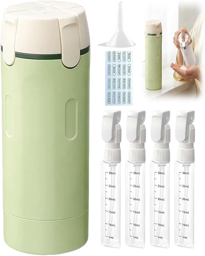 4 in 1 Travel Dispenser, Portable Leak Proof Refillable Squeeze Bottles with Label, 4 Pack 30ml Travel Size Bottle Set for Shampoo Lotion Conditioner Cream, Toiletry Storage Containers Gift (Green)