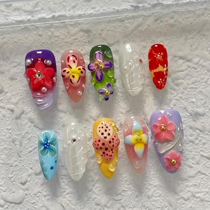 Small size Press On Nails - Handmade Unique Medium Almond Art Fake Nails, Thick Acrylic and Muti-Layer Gel False Nails, Reusable Gel Cured Sturdier 3D Fake Nails-S size