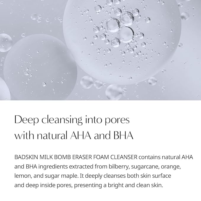 BadSkin Milk Bomb Eraser 100ml | Gentle Daily Cleansing Foam with Milk Protein Extract & AHA/BHA | Hydrating & Pore Cleansing Formula | Made in Korea