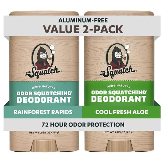 Dr. Squatch Natural Men’s Deodorant – Aluminum Free Natural Deodorant Men with Charcoal & Postbiotics for 72-Hour Odor Protection – Rainforest Rapids + Cool Fresh Aloe, 2.65oz Stick (2-Pack)