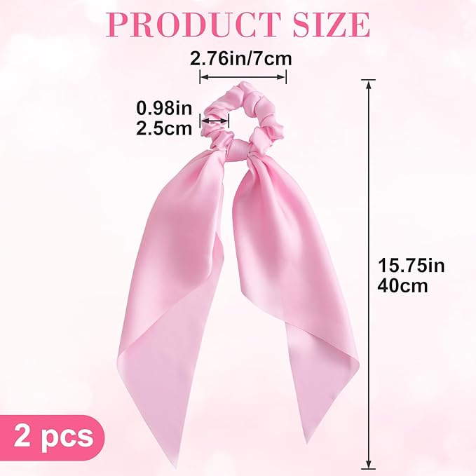 YALOJE 2PCS Scarf Scrunchies with Long Tails, Elastic Silky Satin Bow Hair Ties for Women, Ribbon Hair Scarf Scrunchy, Ponytail Holders Hairstyling Decoration for Women -Pink