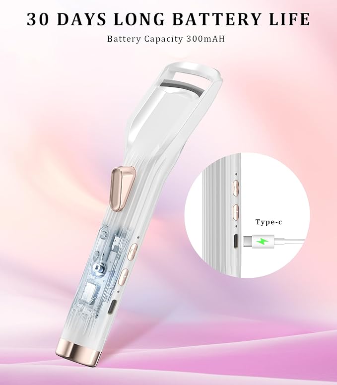 Heated Eyelash Curler Premium PRO - Fast Heat up in 8s - 24 Hours Long Lasting - Rechargeable Electric Eyelash Curler with Type-C, Innovative L Silicone, 2 Heat Modes, Anti-Burn Eyelid, White-DC