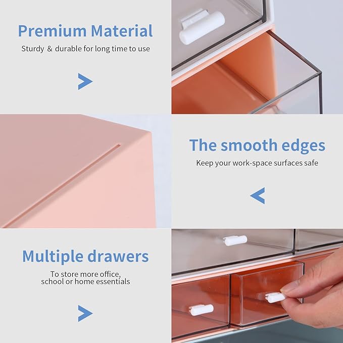 Desk Craft Organizer and Storage with 7 Flat Drawers, Stackable Plastic Desktop Accessories & Workspace Organizer for Office Stationary, Makeup Skincare, Sanitation Supplies, Pink