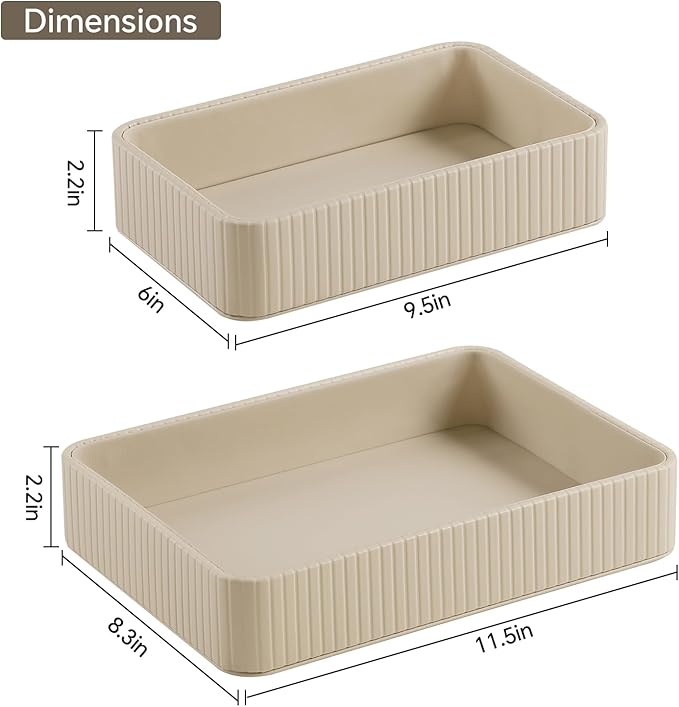 MEIBOOCH 2 Pack Nightstand Organizer Tray, Decorative Perfume Valet Tray Trinket Dish Catch All Purse Key Bowl, PU Leather Coffee Table Trays for Vanity Dresser Bedside Bathroom Countertop (Beige)