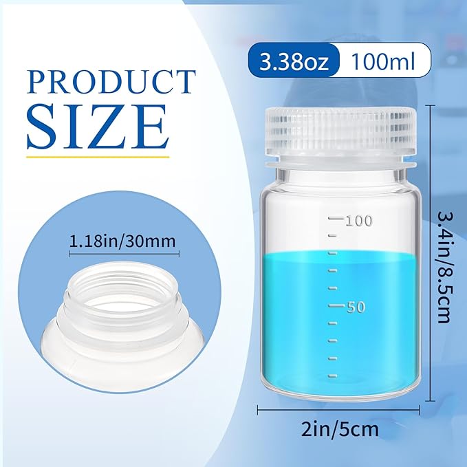 Tatuo 24 Pcs 3 oz 100ml Polypropylene Plastic Sample Bottles with Screw Caps Sample Containers with Lid for Liquids, Reagent, Pill, Travel, Laboratory, Storage at Home (Wide Mouth-white Scale)