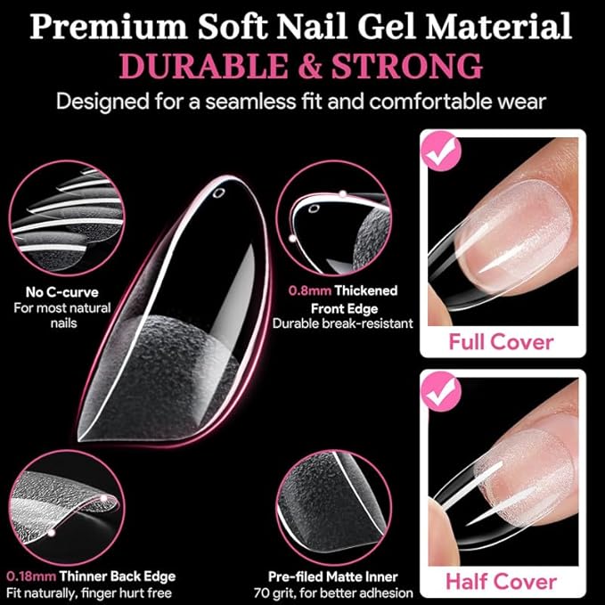 Qiek Medium Oval Fake Nail Tips - 15 Sizes 240 PCS Clear Half Matte Press On False Nail Tips Pre-shaped Soft Full Cover Gel Nail Tips Extensions Thick Long Lasting for DIY Beginners& Salon Manicure
