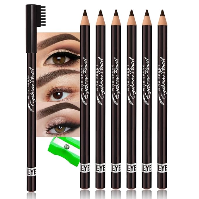 Eyebrow Pencils for Women with Sharpener, 6Pcs Hard-Core Wooden Eye Brow Eye Liner Pencils for Beginner Makeup, Waterproof & Sweat-Proof (6Pcs-Dark Brown)