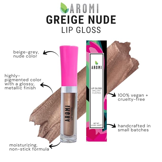 Aromi Grey Beige Lip Gloss | High-Shine, Shimmery, Metallic Tan Lip Oil for Women, Light Brown, Moisturizing, Plumper (Greige Nude)