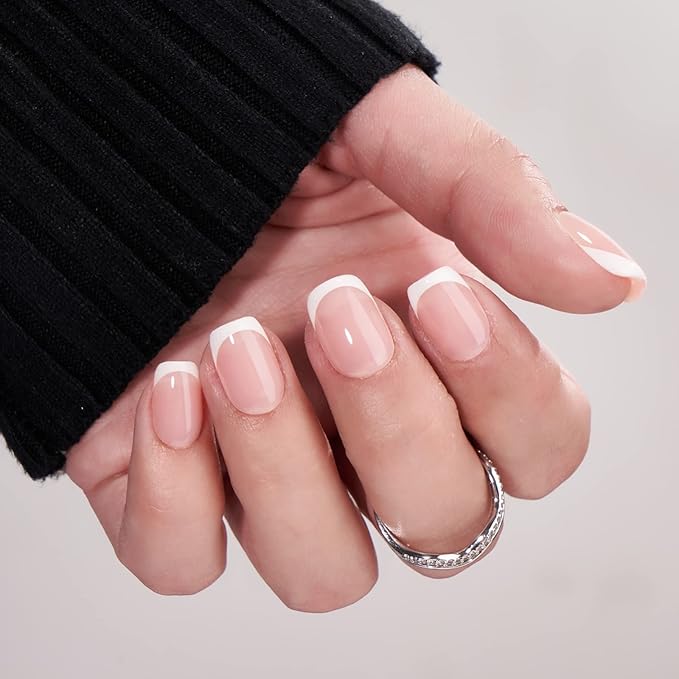BTArtbox French Tip Press on Nails - Gel Press on Nails Short, No Fade Out Fake Nails with Nail Glue, Seamless Fit Glue on Nails in 15 Sizes Nail Kit for Wedding, Classic White