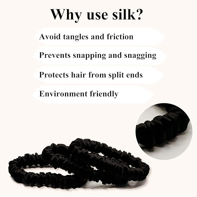 VLOMOT 3 Pcs Set 100% Pure Mulberry Silk Hair Scrunchies Hair Ties with 3 Chic Colors Everyday Skinny Scrunchies Silk Ponytail Holders Hair Care No Damage (Black)