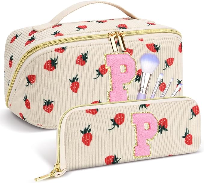 Personalized Travel Makeup Bag Set,Initial Travel Strawberry Makeup Organizer Bag,Toiletry Skincare Cosmetic Bag, Valentine's Day Gifts for Women/Girls/Teen,Open Flat Toiletry Pouch with Brush Bag