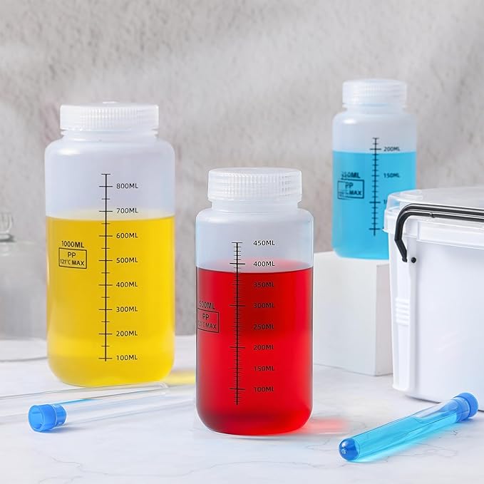 Tatuo 24 Pcs 8 oz 250 ml Polypropylene Plastic Sample Bottles with Screw Caps Sample Containers with Lid for Liquids, Reagent, Pill, Travel, Laboratory, Storage at Home (Wide Mouth-dark Scale)